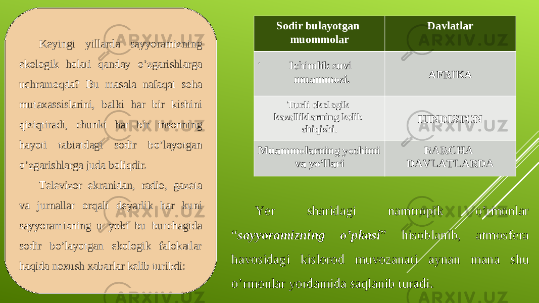 Sodir bulayotgan muommolar Davlatlar . AFRIKA Turli ekologik kasalliklarning kelib chiqishi. HINDISTON Muammolarning yechimi va yo’llari BARCHA DAVLATLARDAIchimlik suvi muammosi.Keyingi yillarda sayyoramizning ekologik holati qanday o’zgarishlarga uchramoqda? Bu masala nafaqat soha mutaxassislarini, balki har bir kishini qiziqtiradi, chunki har bir insonning hayoti tabiatdagi sodir bo’layotgan o’zgarishlarga juda boliqdir. Televizor ekranidan, radio, gazeta va jurnallar orqali deyarlik har kuni sayyoramizning u yoki bu burchagida sodir bo’layotgan ekologik falokatlar haqida noxush xabarlar kelib turibdi: Yer sharidagi namtropik o’rmonlar “ sayyoramizning o’pkasi ” hisoblanib, atmosfera havosidagi kislorod muvozanati aynan mana shu o’rmonlar yordamida saqlanib turadi. 