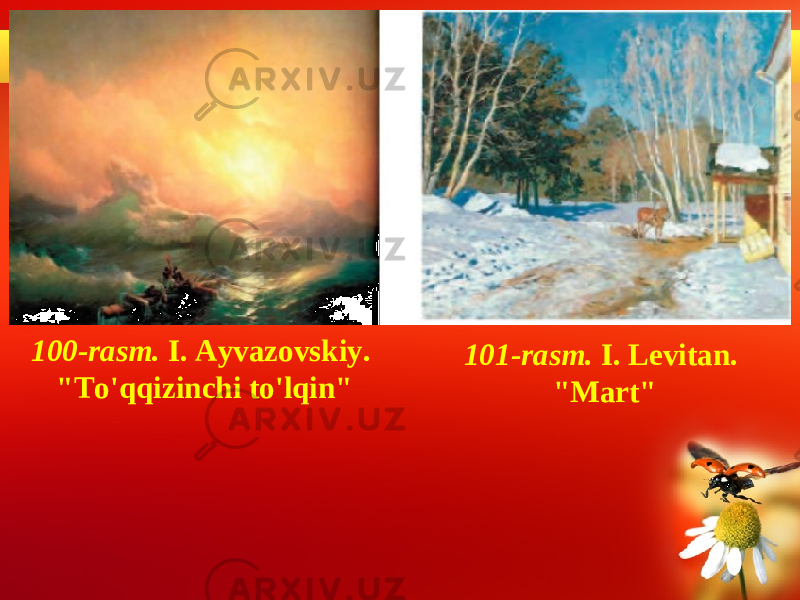 100-rasm. I. Ayvazovskiy. &#34;To&#39;qqizinchi to&#39;lqin&#34; 101-rasm. I. Levitan. &#34;Mart&#34; 