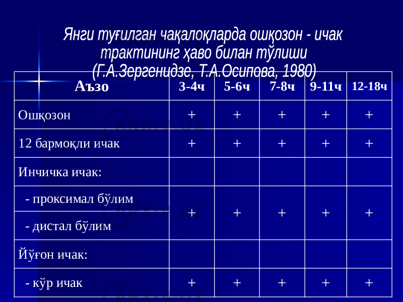 Аъзо 3-4ч 5-6ч 7-8ч 9-11ч 12-18ч Ошқозон + + + + + 12 бармоқли ичак + + + + + Инчичка ичак: - проксимал бўлим + + + + + - дистал бўлим Йўғон ичак: - кўр ичак + + + + + 