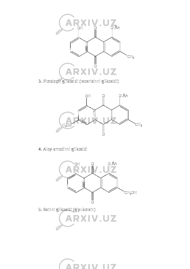 O Ã ëO O C H 3O H 3. Fiotsionni glikozidi (r е oxrizinni glikozidi) O Ã ëO O C H 3O H H 3 C O 4. Aloy-emodinni glikozidi O Ã ëO O C H 2 O HO H 5. R е inni glikozidi (glyukor е in) 