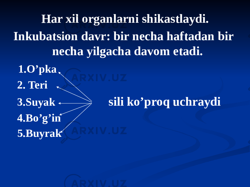 Har xil organlarni shikastlaydi. Inkubatsion davr: bir necha haftadan bir necha yilgacha davom etadi. 1.O’pka 2. Teri 3.Suyak sili ko’proq uchraydi 4.Bo’g’in 5.Buyrak 