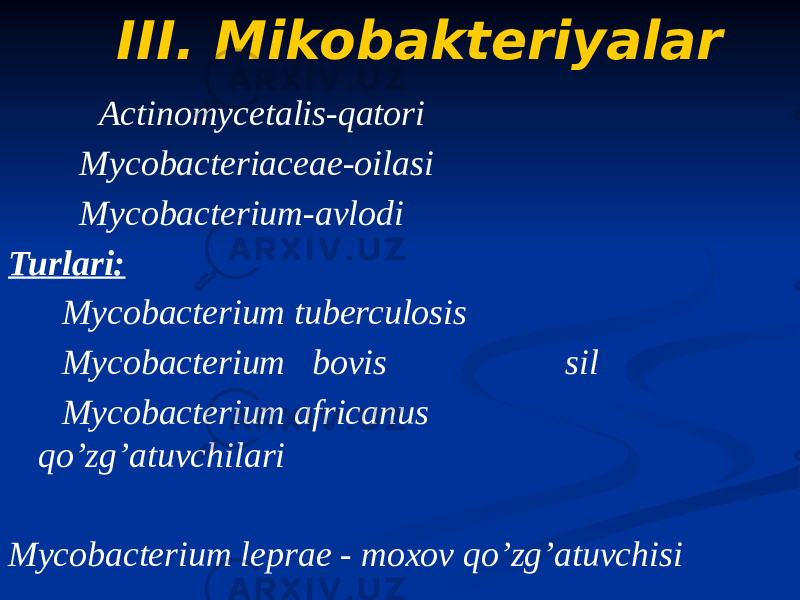  III. Mikobakteriyalar Аctinomycetalis-qatori Мycobacteriaceae-oilasi Мycobacterium-avlodi Turlari: Мycobacterium tuberculosis Мycobacterium bovis sil Мycobacterium africanus qo’zg’atuvchilari Мycobacterium leprae - moxov qo’zg’atuvchisi 