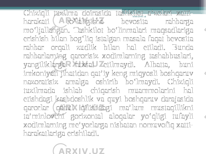 Chiziqli tuzilma doirasida tashkilot a’zolari xatti- harakati to‘laligicha bevosita rahbarga mo‘ljallangan. Tashkilot bo‘linmalari maqsadlariga erishish bilan bog‘liq istalgan masala faqat bevosita rahbar orqali zudlik bilan hal etiladi. Bunda rahbarlarning qarorisiz xodimlarning tashabbuslari, yangiliklarga ruxsat etilmaydi. Albatta, buni imkoniyati jihatidan qat’iy keng miqyosli boshqaruv nazoratisiz amalga oshirib bo‘lmaydi. Chiziqli tuzilmada ishlab chiqarish muammolarini hal etishdagi kasbdoshlik va quyi boshqaruv darajasida qarorlar qabul qilishdagi ma’lum mustaqillikni ta’minlovchi gorizontal aloqalar yo‘qligi tufayli xodimlarning me’yorlarga nisbatan nomuvofiq xatti- harakatlariga erishiladi. www.arxiv.uz 