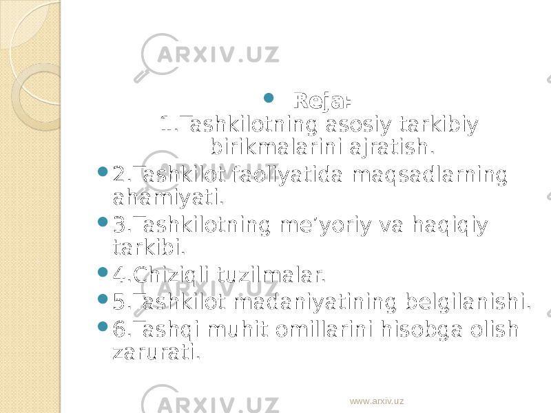  Reja: 1. Tashkilotning asosiy tarkibiy birikmalarini ajratish.  2 . Tashkilot faoliyatida maqsadlarning ahamiyati.  3 . Tashkilotning me’yoriy va haqiqiy tarkibi.  4. C h iziqli tuzilmalar.  5.Tashkilot madaniyatining belgilanishi.  6.Tashqi muhit omillarini hisobga olish zarurati. www.arxiv.uz 