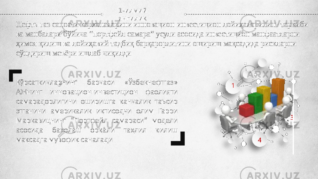 1-илмий янгилик Кўрсаткичларнинг барчаси «Ўзбекнефтгаз» АЖнинг инновацион-инвестицион фаолияти самарадорлигини оширишга қанчалик таъсир этганини америкалик иқтисодчи олим Гарри Маркавицнинг “Портфейл самараси” модели асосида баҳолаш орқали таҳлил қилиш мақсадга мувофиқ саналади Нефть-газ саноати корхоналарини инновацион-инвестицион лойиҳаларининг таркиби ва манбалари бўйича “портфейл самара” усули асосида инвестицион манфаатларни ҳимоя қилиш ва лойиҳавий тадбиқ барқарорлигини ошириш мақсадида рискларни сўндириш меъёри ишлаб чиқилди 