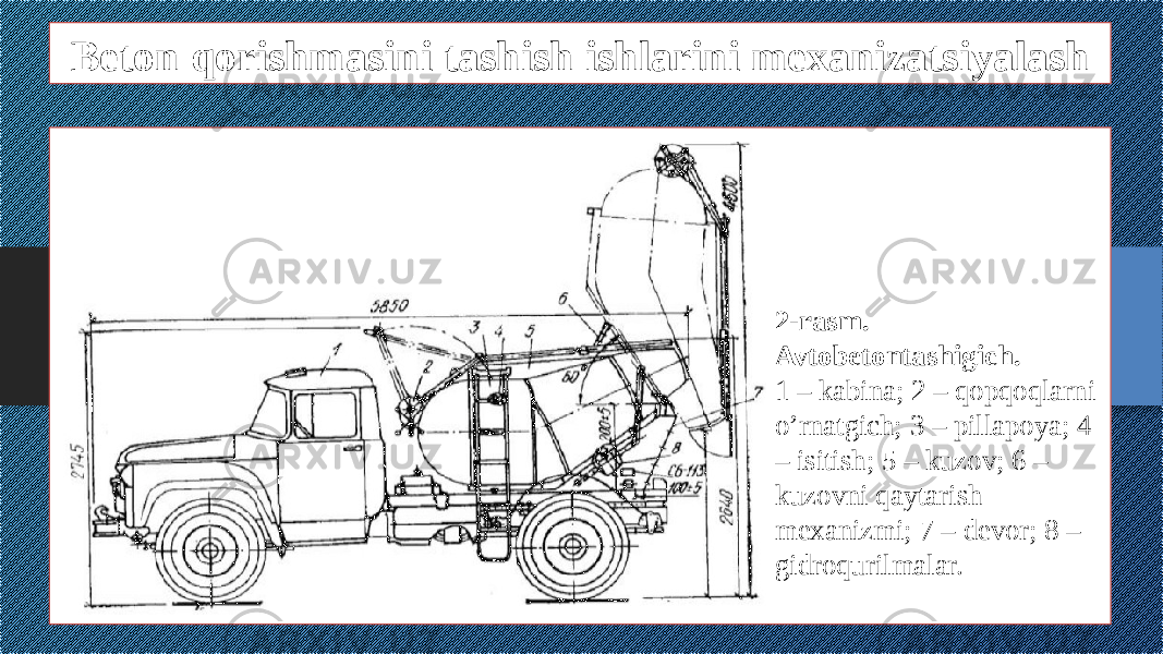 Beton qorishmasini tashish ishlarini mexanizatsiyalash 2-rasm. Avtobetontashigich. 1 – kabina; 2 – qopqoqlarni o’rnatgich; 3 – pillapoya; 4 – isitish; 5 – kuzov; 6 – kuzovni qaytarish mexanizmi; 7 – devor; 8 – gidroqurilmalar. 