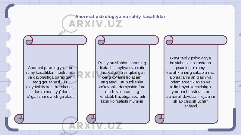 Anormal psixologiya va ruhiy kasalliklar Anormal psixologiya - bu ruhiy kasalliklarni tushunish va davolashga qaratilgan tadqiqot sohasi. Bu g&#39;ayritabiiy xatti-harakatlar, fikrlar va his-tuyg&#39;ularni o&#39;rganishni o&#39;z ichiga oladi. Ruhiy buzilishlar insonning fikrlashi, kayfiyati va xatti- harakatiga ta&#39;sir qiladigan keng ko&#39;lamli holatlarni anglatadi. Bu buzilishlar zo&#39;ravonlik darajasida farq qilishi va insonning kundalik hayotiga sezilarli ta&#39;sir ko&#39;rsatishi mumkin. G&#39;ayritabiiy psixologiya bo&#39;yicha ixtisoslashgan psixologlar ruhiy kasalliklarning sabablari va alomatlarini aniqlash va odamlarga tiklanish va to&#39;liq hayot kechirishga yordam berish uchun samarali davolash rejalarini ishlab chiqish uchun ishlaydi. 