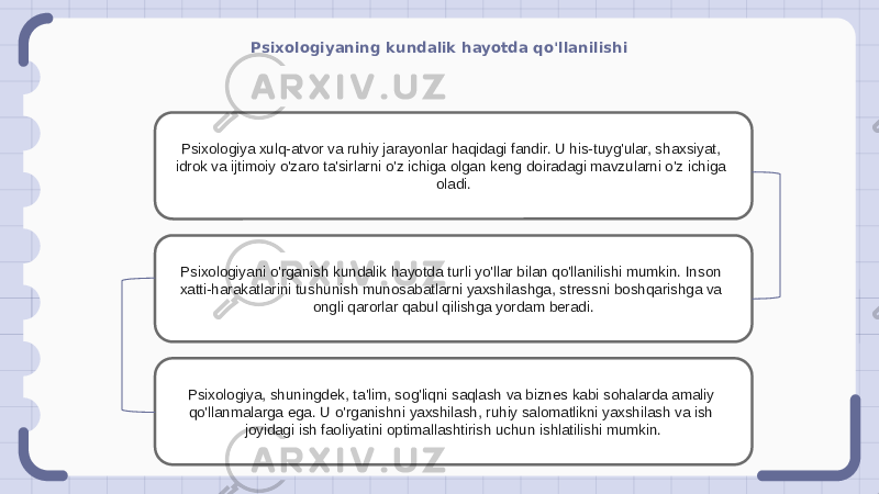 Psixologiyaning kundalik hayotda qo&#39;llanilishi Psixologiya xulq-atvor va ruhiy jarayonlar haqidagi fandir. U his-tuyg&#39;ular, shaxsiyat, idrok va ijtimoiy o&#39;zaro ta&#39;sirlarni o&#39;z ichiga olgan keng doiradagi mavzularni o&#39;z ichiga oladi. Psixologiyani o&#39;rganish kundalik hayotda turli yo&#39;llar bilan qo&#39;llanilishi mumkin. Inson xatti-harakatlarini tushunish munosabatlarni yaxshilashga, stressni boshqarishga va ongli qarorlar qabul qilishga yordam beradi. Psixologiya, shuningdek, ta&#39;lim, sog&#39;liqni saqlash va biznes kabi sohalarda amaliy qo&#39;llanmalarga ega. U o&#39;rganishni yaxshilash, ruhiy salomatlikni yaxshilash va ish joyidagi ish faoliyatini optimallashtirish uchun ishlatilishi mumkin. 