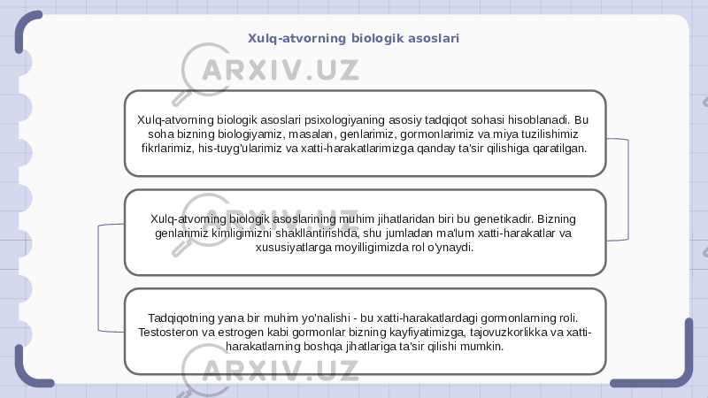 Xulq-atvorning biologik asoslari Xulq-atvorning biologik asoslari psixologiyaning asosiy tadqiqot sohasi hisoblanadi. Bu soha bizning biologiyamiz, masalan, genlarimiz, gormonlarimiz va miya tuzilishimiz fikrlarimiz, his-tuyg&#39;ularimiz va xatti-harakatlarimizga qanday ta&#39;sir qilishiga qaratilgan. Xulq-atvorning biologik asoslarining muhim jihatlaridan biri bu genetikadir. Bizning genlarimiz kimligimizni shakllantirishda, shu jumladan ma&#39;lum xatti-harakatlar va xususiyatlarga moyilligimizda rol o&#39;ynaydi. Tadqiqotning yana bir muhim yo&#39;nalishi - bu xatti-harakatlardagi gormonlarning roli. Testosteron va estrogen kabi gormonlar bizning kayfiyatimizga, tajovuzkorlikka va xatti- harakatlarning boshqa jihatlariga ta&#39;sir qilishi mumkin. 