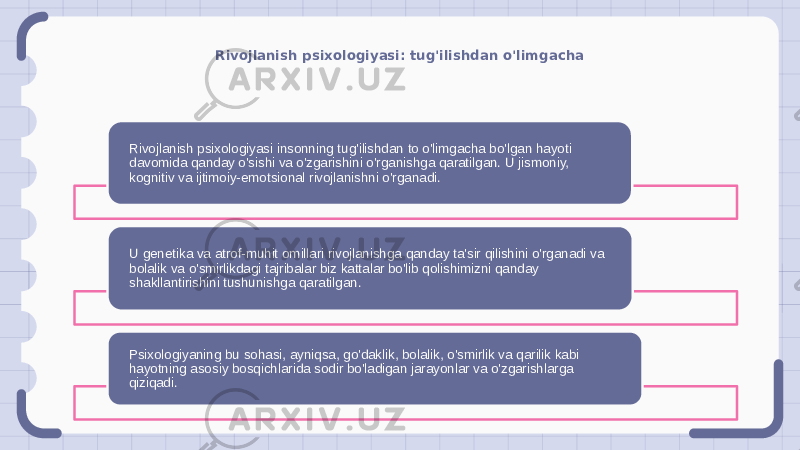 Rivojlanish psixologiyasi: tug&#39;ilishdan o&#39;limgacha Rivojlanish psixologiyasi insonning tug&#39;ilishdan to o&#39;limgacha bo&#39;lgan hayoti davomida qanday o&#39;sishi va o&#39;zgarishini o&#39;rganishga qaratilgan. U jismoniy, kognitiv va ijtimoiy-emotsional rivojlanishni o&#39;rganadi. U genetika va atrof-muhit omillari rivojlanishga qanday ta&#39;sir qilishini o&#39;rganadi va bolalik va o&#39;smirlikdagi tajribalar biz kattalar bo&#39;lib qolishimizni qanday shakllantirishini tushunishga qaratilgan. Psixologiyaning bu sohasi, ayniqsa, go&#39;daklik, bolalik, o&#39;smirlik va qarilik kabi hayotning asosiy bosqichlarida sodir bo&#39;ladigan jarayonlar va o&#39;zgarishlarga qiziqadi. 