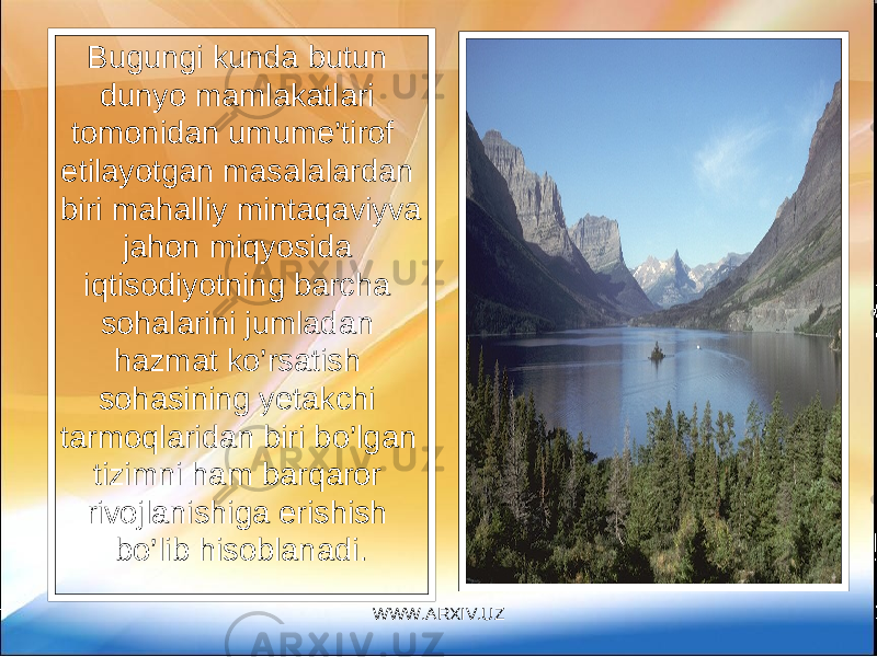 Bugungi kunda butun dunyo mamlakatlari tomonidan umume’tirof etilayotgan masalalardan biri mahalliy mintaqaviyva jahon miqyosida iqtisodiyotning barcha sohalarini jumladan hazmat ko’rsatish sohasining yetakchi tarmoqlaridan biri bo’lgan tizimni ham barqaror rivojlanishiga erishish bo’lib hisoblanadi. WWW.ARXIV.UZ 