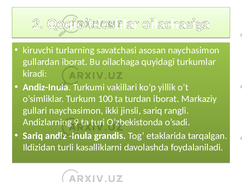 2. Qoqio’tdoshlar oilachasiga • kiruvchi turlarning savatchasi asosan naychasimon gullardan iborat. Bu oilachaga quyidagi turkumlar kiradi: • Andiz-Inula . Turkumi vakillari ko’p yillik o’t o’simliklar. Turkum 100 ta turdan iborat. Markaziy gullari naychasimon, ikki jinsli, sariq rangli. Andizlarning 9 ta turi O’zbekistonda o’sadi. • Sariq andiz -Inula grandis. Tog’ etaklarida tarqalgan. Ildizidan turli kasalliklarni davolashda foydalaniladi. 3933 02 01 100711 09 100711 01 0D 030236 0B0D 09 32 01 37 0236 39 