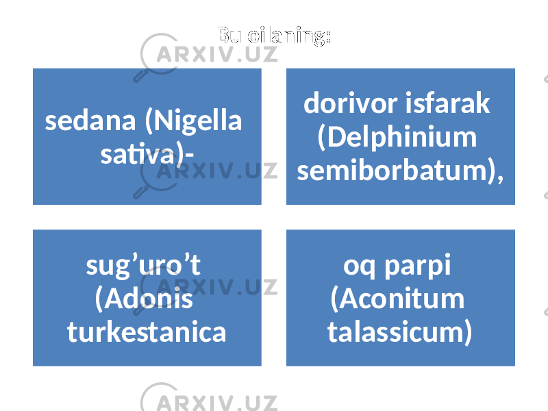 Bu oilaning: sedana (Nigella sativa)- dorivor isfarak (Delphinium semiborbatum), sug’uro’t (Adonis turkestanica oq parpi (Aconitum talassicum) 