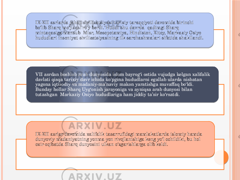 IX-XII asrlarda jahon sivilizatsiyasi tarixiy taraqqiyoti davomida birinchi bo‘lib Sharq mo‘jizasi ro‘y berdi. Huddi shu davrda  qadimgi Sharq mintaqasiga mansub  Misr, Mesopotamiya, Hindiston, Хitoy, Markaziy Osiyo hududlari insoniyat sivilizatsiyasining ilk sarchashmalari sifatida shakllandi. VII asrdan boshlab arab dunyosida islom bayrog‘i ostida vujudga kelgan xalifalik davlati qisqa tarixiy davr ichida ko’pgina hududlarni egallab ularda nisbatan yagona iqtisodiy va madaniy-ma’naviy makon yaratishga muvaffaq bo‘ldi. Bunday hollar Sharq Uyg‘onish jarayoniga va ayniqsa arab dunyosi bilan tutashgan  Markaziy Osiyo hududlariga ham jiddiy ta’sir ko‘rsatdi. IX-XII asrlar davomida xalifalik tasarrufidagi mamlakatlarda islomiy hamda dunyoviy madaniyatning yonma-yon rivojlanishiga keng yo‘l ochildiki, bu hol oxir-oqibatda Sharq dunyosini ulkan o‘zgarishlarga olib keldi. 35 1612 09 0C 36 06 11 46 08 35 06 12 