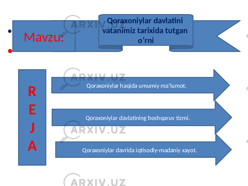 • • R E J A Qoraxoniylar davlatini vatanimiz tarixida tutgan o’rniMavzu: Qoraxoniylar haqida umumiy ma’lumot. Qoraxoniylar davlatining boshqaruv tizmi. Qoraxoniylar davrida iqtisodiy-madaniy xayot. 