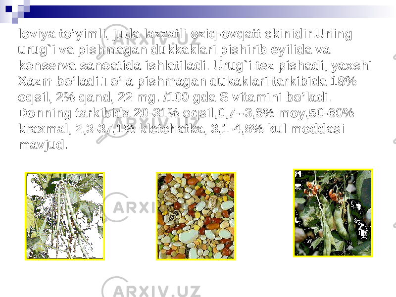 loviya to’yimli, juda lazzatli oziq-ovqatt ekinidir.Uning urug`i va pishmagan dukkaklari pishirib eyilida va konserva sanoatida ishlatiladi. Urug`i tez pishadi, yaxshi Xazm bo’ladi.To’la pishmagan dukaklari tarkibida 18% oqsil, 2% qand, 22 mg. /100 gda S vitamini bo’ladi. Donning tarkibida 20-31% oqsil,0,7--3,6% moy,50-60% kraxmal, 2,3-37,1% kletchatka, 3,1-4,8% kul moddasi mavjud. 