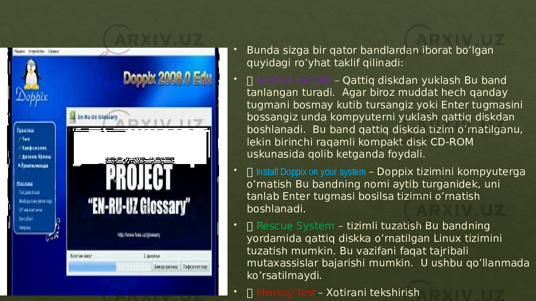  Bunda sizga bir qator bandlardan iborat bo’lgan quyidagi ro’yhat taklif qilinadi :   Boot from Hard Disk – Qattiq diskdan yuklash Bu band tanlangan turadi. Agar biroz muddat hech qanday tugmani bosmay kutib tursangiz yoki Enter tugmasini bossangiz unda kompyuterni yuklash qattiq diskdan boshlanadi. Bu band qattiq diskda tizim o’rnatilganu, lekin birinchi raqamli kompakt disk CD-ROM uskunasida qolib ketganda foydali .   Install Doppix on your system – Doppix tizimini kompyuterga o’rnatish Bu bandning nomi aytib turganidek, uni tanlab Enter tugmasi bosilsa tizimni o’rnatish boshlanadi.   Rescue System – tizimli tuzatish Bu bandning yordamida qattiq diskka o’rnatilgan Linux tizimini tuzatish mumkin. Bu vazifani faqat tajribali mutaxassislar bajarishi mumkin. U ushbu qo’llanmada ko’rsatilmaydi.   Memory Test – Xotirani tekshirish 01 45 1F 4406 01 47 01 48 3A09 0A 0A 18 18 16 0F 23 01 47 0F100D 48 01 02 0A 18 01 47 3C 48 0A 1C02 0A 0D 29 01 47 01 4806 1302 