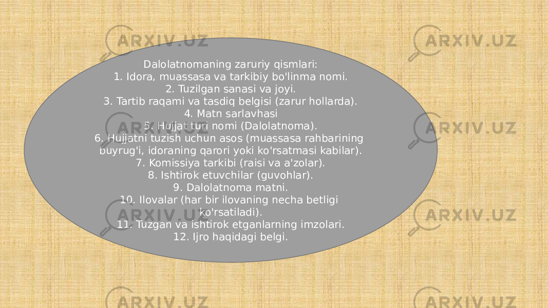 Dalolatnomaning zaruriy qismlari: 1. Idora, muassasa va tarkibiy bo&#39;linma nomi. 2. Tuzilgan sanasi va joyi. 3. Tartib raqami va tasdiq belgisi (zarur hollarda). 4. Matn sarlavhasi 5. Hujjat turi nomi (Dalolatnoma). 6. Hujjatni tuzish uchun asos (muassasa rahbarining buyrug&#39;i, idoraning qarori yoki ko&#39;rsatmasi kabilar). 7. Komissiya tarkibi (raisi va a&#39;zolar). 8. Ishtirok etuvchilar (guvohlar). 9. Dalolatnoma matni. 10. Ilovalar (har bir ilovaning necha betligi ko&#39;rsatiladi). 11. Tuzgan va ishtirok etganlarning imzolari. 12. Ijro haqidagi belgi. 