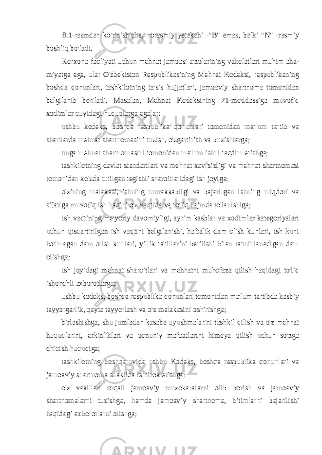 8.1-rasmdan ko&#39;rinishicha, norasmiy yetakchi -&#34;B&#34; emas, balki &#34;N&#34; -rasmiy boshliq bo&#39;ladi. Korxona faoliyati uchun mehnat jamoasi a&#39;zolarining vakolatlari muhim aha- miyatga ega, ular O&#39;zbekiston Respublikasining Mehnat Kodeksi, respublikaning boshqa qonunlari, tashkilotning ta&#39;sis hujjatlari, jamoaviy shartnoma tomonidan belgilanib beriladi. Masalan, Mehnat Kodeksining 21-moddassiga muvofiq xodimlar quyidagi huquqlarga egalar: ushbu kodeks, boshqa respublika qonunlari tomonidan ma&#39;lum tartib va shartlarda mehnat shartnomasini tuzish, o&#39;zgartirish va buzishlarga; unga mehnat shartnomasini tomonidan ma&#39;lum ishni taqdim etishga; tashkilotning davlat standartlari va mehnat xavfsizligi va mehnat shartnomasi tomonidan ko&#39;zda tutilgan tegishli sharoitlaridagi ish joyiga; o&#39;zining malakasi, ishning murakkabligi va bajarilgan ishning miqdori va sifatiga muvofiq ish haqini o&#39;z vaqtida va to&#39;liq hajmda to&#39;lanishiga; ish vaqtining me&#39;yoriy davomiyligi, ayrim kasblar va xodimlar kategoriyalari uchun qisqartirilgan ish vaqtini belgilanishi, haftalik dam olish kunlari, ish kuni bo&#39;lmagan dam olish kunlari, yillik ta&#39;tillarini berilishi bilan ta&#39;minlanadigan dam olishga; ish joyidagi mehnat sharoitlari va mehnatni muhofaza qilish haqidagi to&#39;liq ishonchli axborotlarga; ushbu kodeks, boshqa respublika qonunlari tomonidan ma&#39;lum tartibda kasbiy tayyorgarlik, qayta tayyorlash va o&#39;z malakasini oshirishga; birlashishga, shu jumladan kasaba uyushmalarini tashkil qilish va o&#39;z mehnat huquqlarini, erkinliklari va qonuniy mafaatlarini himoya qilish uchun so&#39;zga chiqish huquqiga; tashkilotning boshqaruvida ushbu Kodeks, boshqa respublika qonunlari va jamoaviy shartnoma shaklida ishtirok etishga; o&#39;z vakillari orqali jamoaviy muzokaralarni olib borish va jamoaviy shartnomalarni tuzishga, hamda jamoaviy shartnoma, bitimlarni bajarilishi haqidagi axborotlarni olishga; 