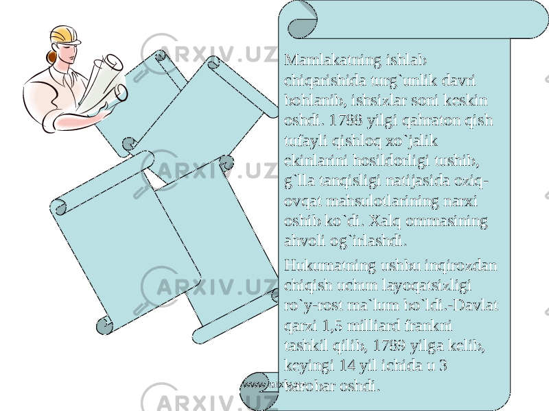 Mamlakatning ishlab chiqarishida turg`unlik davri bohlanib, ishsizlar soni keskin oshdi. 1788 yilgi qahraton qish tufayli qishloq xo`jalik ekinlarini hosildorligi tushib, g`lla tanqisligi natijasida oziq- ovqat mahsulotlarining narxi oshib ko`di. Xalq ommasining ahvoli og`irlashdi. Hukumatning ushbu inqirozdan chiqish uchun layoqatsizligi ro`y-rost ma`lum bo`ldi.-Davlat qarzi 1,5 milliard frankni tashkil qilib, 1789 yilga kelib, keyingi 14 yil ichida u 3 barobar oshdi. www.arxiv.uz 