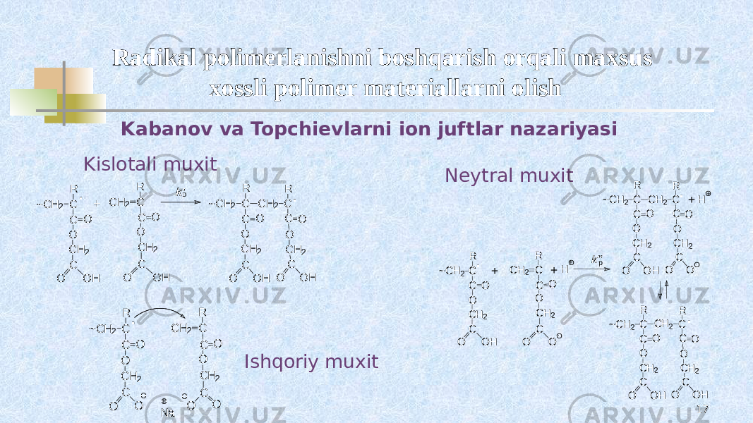 17Radikal polimerlanishni boshqarish orqali maxsus xossli polimer materiallarni olish Kabanov va Topchievlarni ion juftlar nazariyasi. C R C O O C H2 C C H2 O O H + C R C O O C H2 C O O H ~C H2 C H2 C C O O C H2 C O O H R . k&#39;p C R C O O C H2 C O O H ~C H2 CR C O O C H 2 CC H 2 O O + C R C O O C H 2 C O O H~ C H 2 C H 2 C C O O C H 2 C O OR C R C O O C H 2 C O O H~ C H 2 C R C O O C H 2 C O O H~ C H 2 C H 2 C C O O C H 2 C O O HR . . . + + +H H O O O O + - - k &#34; p C R C O O C H2 C O C H2 O . O O - - Na O+ C R C O O C H2 C O O ~C H2Kislotali muxit Neytral muxit Ishqoriy muxit 