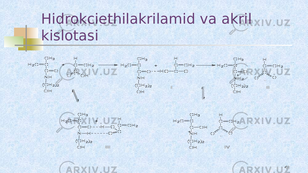 Hidrokciethilakrilamid va akril kislotasi 41(C H 2)2 N H O C C H 3 C H 2C O H + C H C H 2 C O H O (C H 2)2 N H O C C H 3 C H 2C O H H O O C C H 2 H C + (C H 2)2 N H 2 O C C H 3 C H 2C O H C H C H 2 C O O + - + C H C H 2 C O H O H O H H 2C C C H 3 C O N (C H 2)2 (C H 2)2 N H O H C C H 3 C H 2C O H C H C H 2 C O O + - I II III IV 