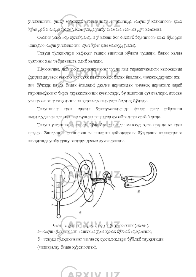 ўтказишнинг ушбу мураккаб тизими шартли равишда товуш ўтказишнинг ҳаво йўли деб аталади (расм). Келгусида ушбу атамага тез-тез дуч келамиз. Овозни рецептор ҳужайраларга ўтказиш ёки етказиб беришнинг ҳаво йўлидан ташқари товуш ўтказишнинг суяк йўли ҳам мавжуд (расм). Товуш тўлқинлари нафақат ташқи эшитиш йўлига тушади, балки калла суягини ҳам тебранишга олиб келади. Шунингдек, лабиринт дарчаларининг турли хил ҳаракатчанлиги натижасида (даҳлиз дарчаси узангининг суяк пластинкаси билан ёпилган, чиғаноқ дарчаси эса - зич бўлсада парда билан ёпилади) даҳлиз дарчасидан чиғаноқ дарчасига қараб перилимфанинг бироз ҳаракатланиши кузатилади, бу эшитиш суякчалари, асосан узангичанинг сиқилиши ва ҳаракатчанлигига боғлиқ бўлади. Товушнинг суяк орқали ўтказувчанлигида фақат паст тебраниш амплитудасига эга юқори товушлар рецептор ҳужайраларга етиб боради. Товуш узатишнинг иккита йўли ёки варианти мавжуд: ҳаво орқали ва суяк орқали. Эшитишни текшириш ва эшитиш қобилиятини йўқолиши характерини аниқлашда ушбу тушунчаларга доимо дуч келинади. а- товуш тўлқинининг ташқи ва ўрта қулоқ бўйлаб тарқалиши; б - товуш тўлқинининг чиғаноқ суюқликлари бўйлаб тарқалиши (чизиқчалар билан кўрсатилган). Расм Товушнинг ҳаво орқали ўтказилиши (схема). 