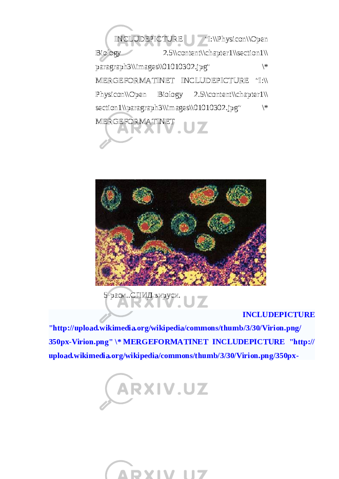  INCLUDEPICTURE &#34;I:\\Physicon\\Open Biology 2.5\\content\\chapter1\\section1\\ paragraph3\\images\\01010302.jpg&#34; \* MERGEFORMATINET INCLUDEPICTURE &#34;I:\\ Physicon\\Open Biology 2.5\\content\\chapter1\\ section1\\paragraph3\\images\\01010302.jpg&#34; \* MERGEFORMATINET 5-расм.. СПИД вируси . INCLUDEPICTURE &#34;http://upload.wikimedia.org/wikipedia/commons/thumb/3/30/Virion.png/ 350px-Virion.png&#34; \* MERGEFORMATINET INCLUDEPICTURE &#34;http:// upload.wikimedia.org/wikipedia/commons/thumb/3/30/Virion.png/350px- 