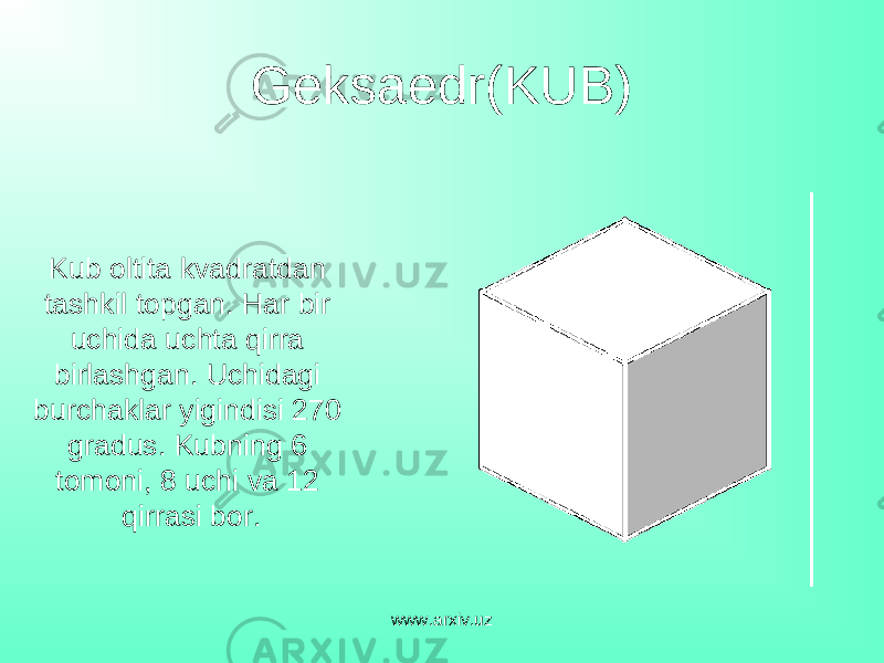 Geksaedr ( KUB ) Kub oltita kvadratdan tashkil topgan. Har bir uchida uchta qirra birlashgan. Uchidagi burchaklar yigindisi 270 gradus . Kubning 6 tomoni , 8 uchi va 12 qirrasi bor .   www.arxiv.uz 