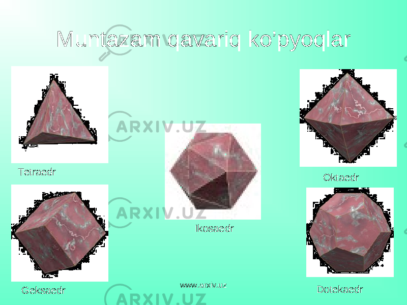 Muntazam qavariq ko’pyoqlar Tetraedr Geksaedr Oktaedr DotekaedrIkosaedr www.arxiv.uz 