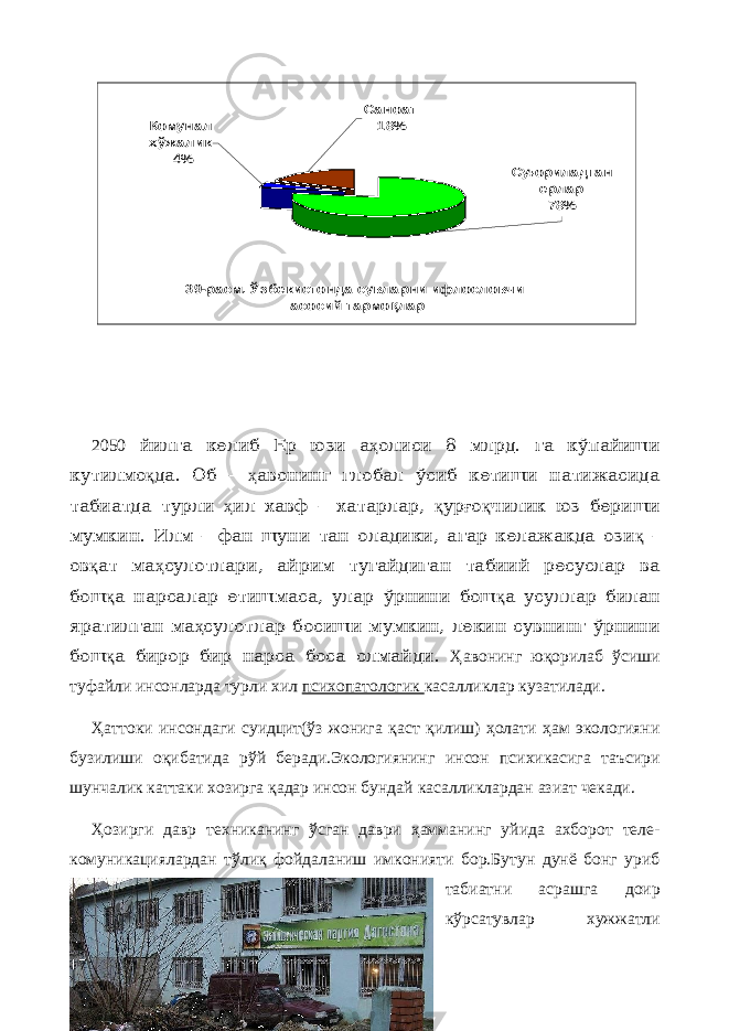 Суғорила дга н е рла р 78% Комуна л х ўж а лик 4% Са ноа т 18% 39-ра см. Ўзбе кистонда сувла рни ифлословчи а сосий та рмоқла р 2050 йилга келиб Ер юзи а ҳ олиси 8 млрд. га кўпайиши кутилмо қ да. Об – ҳ авонинг глобал ўсиб кетиши натижасида табиатда турли ҳ ил хавф – хатарлар, қ ур ғ о қ чилик юз бериши мумкин. Илм – фан шуни тан оладики, агар келажакда ози қ – ов қ ат ма ҳ сулотлари, айрим тугайдиган табиий ресуслар ва бош қ а нарсалар етишмаса, улар ўрнини бош қ а усуллар билан яратилган ма ҳ сулотлар босиши мумкин, лекин сувнинг ўрнини бош қ а бирор бир нарса боса олмайди. Ҳавонинг юқорилаб ўсиши туфайли инсонларда турли хил психопатологик касалликлар кузатилади. Ҳаттоки инсондаги суидцит(ўз жонига қаст қилиш) ҳолати ҳам экологияни бузилиши оқибатида рўй беради.Экологиянинг инсон психикасига таъсири шунчалик каттаки хозирга қадар инсон бундай касалликлардан азиат чекади. Ҳозирги давр техниканинг ўсган даври ҳамманинг уйида ахборот теле- комуникациялардан тўлиқ фойдаланиш имконияти бор.Бутун дунё бонг уриб табиатни асрашга доир кўрсатувлар хужжатли 17 