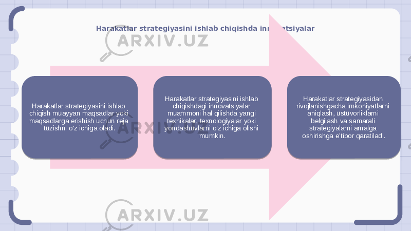 Harakatlar strategiyasini ishlab chiqishda innovatsiyalar Harakatlar strategiyasini ishlab chiqish muayyan maqsadlar yoki maqsadlarga erishish uchun reja tuzishni o&#39;z ichiga oladi. Harakatlar strategiyasini ishlab chiqishdagi innovatsiyalar muammoni hal qilishda yangi texnikalar, texnologiyalar yoki yondashuvlarni o&#39;z ichiga olishi mumkin. Harakatlar strategiyasidan rivojlanishgacha imkoniyatlarni aniqlash, ustuvorliklarni belgilash va samarali strategiyalarni amalga oshirishga e’tibor qaratiladi. 