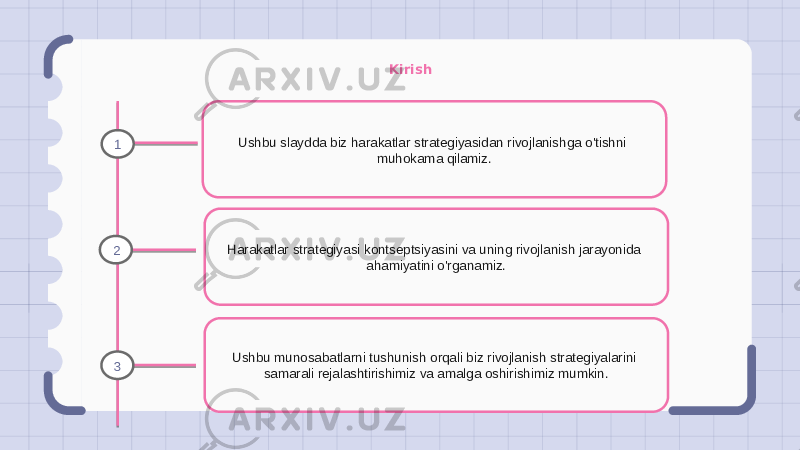 Kirish Ushbu slaydda biz harakatlar strategiyasidan rivojlanishga o&#39;tishni muhokama qilamiz. Harakatlar strategiyasi kontseptsiyasini va uning rivojlanish jarayonida ahamiyatini o&#39;rganamiz. Ushbu munosabatlarni tushunish orqali biz rivojlanish strategiyalarini samarali rejalashtirishimiz va amalga oshirishimiz mumkin.1 2 3 