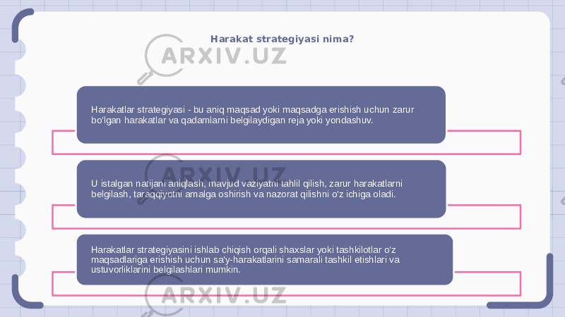 Harakat strategiyasi nima? Harakatlar strategiyasi - bu aniq maqsad yoki maqsadga erishish uchun zarur bo&#39;lgan harakatlar va qadamlarni belgilaydigan reja yoki yondashuv. U istalgan natijani aniqlash, mavjud vaziyatni tahlil qilish, zarur harakatlarni belgilash, taraqqiyotni amalga oshirish va nazorat qilishni o&#39;z ichiga oladi. Harakatlar strategiyasini ishlab chiqish orqali shaxslar yoki tashkilotlar o&#39;z maqsadlariga erishish uchun sa&#39;y-harakatlarini samarali tashkil etishlari va ustuvorliklarini belgilashlari mumkin. 