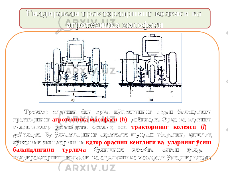 Ғилдиракли тракторларнинг колеяси ва агротехника масофаси Трактор олдинги ёки орқа кўпригининг ердан баландлиги тракторнинг агротехника масофаси ( h ) дейилади. Орқа ва олдинги ғилдираклар ўртасидаги оралиқ эса тракторнинг колеяси ( l ) дейилади. Бу ўлчамларнинг аҳамияти шундан иборатки, қишлоқ хўжалиги экинларининг қатор орасини кенглиги ва уларнинг ўсиш баландлигини турлича бўлишини ҳисобга олган ҳолда ғилдиракларнинг колеяси ва агротехника масофаси ўзгартирилади. 