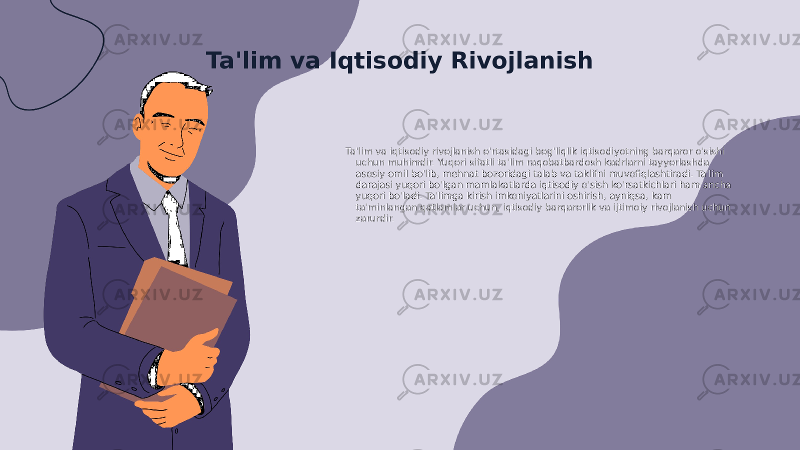 Ta&#39;lim va Iqtisodiy Rivojlanish Ta&#39;lim va iqtisodiy rivojlanish o&#39;rtasidagi bog&#39;liqlik iqtisodiyotning barqaror o&#39;sishi uchun muhimdir. Yuqori sifatli ta&#39;lim raqobatbardosh kadrlarni tayyorlashda asosiy omil bo&#39;lib, mehnat bozoridagi talab va taklifni muvofiqlashtiradi. Ta&#39;lim darajasi yuqori bo&#39;lgan mamlakatlarda iqtisodiy o&#39;sish ko&#39;rsatkichlari ham ancha yuqori bo&#39;ladi. Ta&#39;limga kirish imkoniyatlarini oshirish, ayniqsa, kam ta&#39;minlangan qatlamlar uchun, iqtisodiy barqarorlik va ijtimoiy rivojlanish uchun zarurdir. 