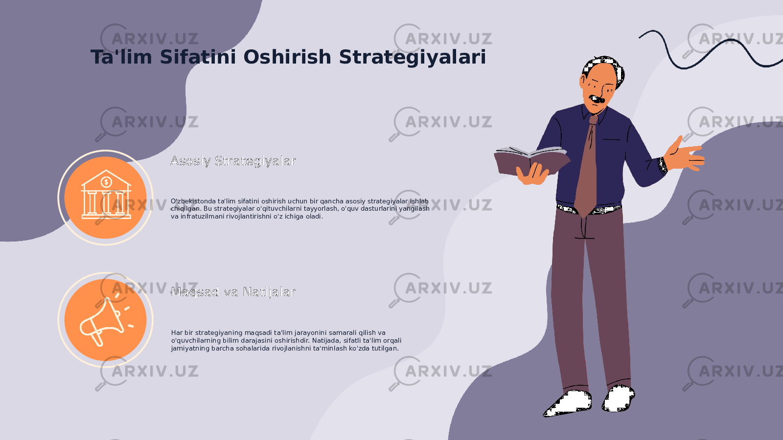 Ta&#39;lim Sifatini Oshirish Strategiyalari Asosiy Strategiyalar O&#39;zbekistonda ta&#39;lim sifatini oshirish uchun bir qancha asosiy strategiyalar ishlab chiqilgan. Bu strategiyalar o&#39;qituvchilarni tayyorlash, o&#39;quv dasturlarini yangilash va infratuzilmani rivojlantirishni o&#39;z ichiga oladi. Maqsad va Natijalar Har bir strategiyaning maqsadi ta&#39;lim jarayonini samarali qilish va o&#39;quvchilarning bilim darajasini oshirishdir. Natijada, sifatli ta&#39;lim orqali jamiyatning barcha sohalarida rivojlanishni ta&#39;minlash ko&#39;zda tutilgan. 