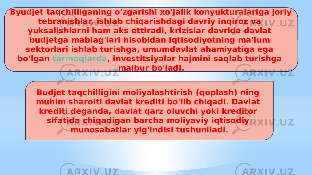 Byudjet taqchilliganing o&#39;zgarishi xo&#39;jalik konyukturalariga joriy tebranishlar, ishlab chiqarishdagi davriy inqiroz va yuksalishlarni ham aks ettiradi, krizislar davrida davlat budjetga mablag&#39;lari hisobidan iqtisodiyotning ma&#39;lum sektorlari ishlab turishga, umumdavlat ahamiyatiga ega bo&#39;lgan tarmoqlarda , investitsiyalar hajmini saqlab turishga majbur bo&#39;ladi. Budjet taqchilligini moliyalashtirish (qoplash) ning muhim sharoiti davlat krediti bo&#39;lib chiqadi. Davlat krediti deganda, davlat qarz oluvchi yoki kreditor sifatida chiqadigan barcha moliyaviy iqtisodiy munosabatlar yig&#39;indisi tushuniladi . 