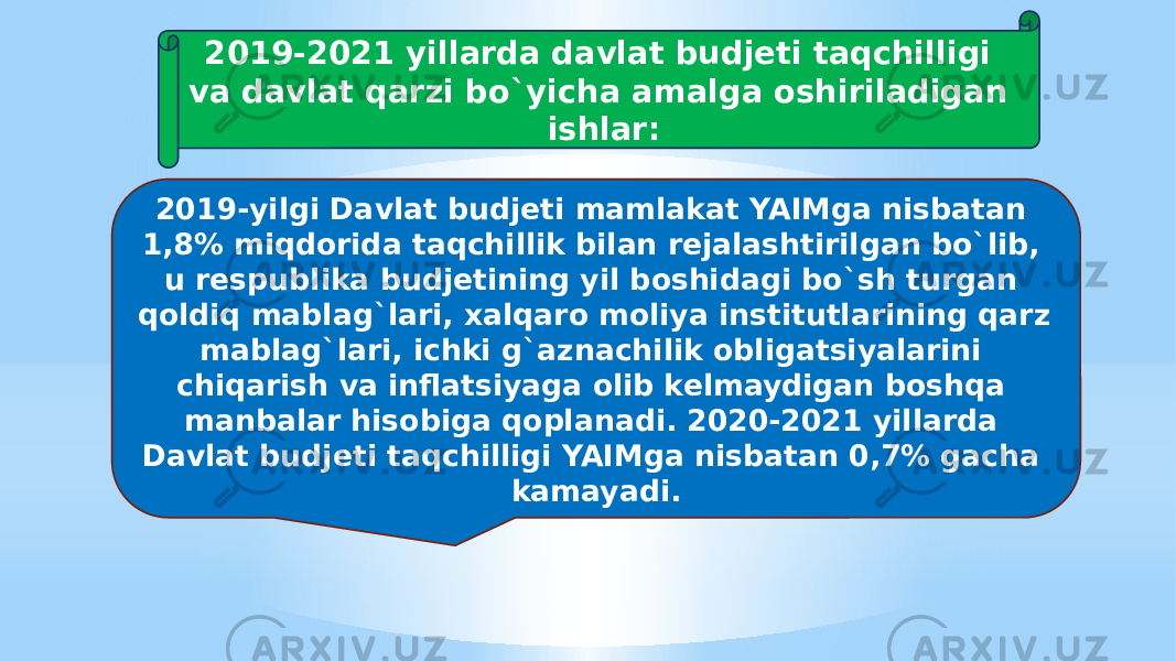 2019-2021 yillarda davlat budjeti taqchilligi va davlat qarzi bo`yicha amalga oshiriladigan ishlar: 2019-yilgi Davlat budjeti mamlakat YAIMga nisbatan 1,8% miqdorida taqchillik bilan rejalashtirilgan bo`lib, u respublika budjetining yil boshidagi bo`sh turgan qoldiq mablag`lari, xalqaro moliya institutlarining qarz mablag`lari, ichki g`aznachilik obligatsiyalarini chiqarish va inflatsiyaga olib kelmaydigan boshqa manbalar hisobiga qoplanadi. 2020-2021 yillarda Davlat budjeti taqchilligi YAIMga nisbatan 0,7% gacha kamayadi. 