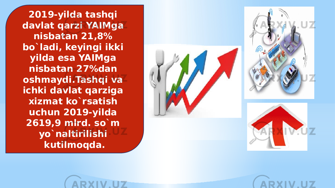 2019-yilda tashqi davlat qarzi YAIMga nisbatan 21,8% bo`ladi, keyingi ikki yilda esa YAIMga nisbatan 27%dan oshmaydi.Tashqi va ichki davlat qarziga xizmat ko`rsatish uchun 2019-yilda 2619,9 mlrd. so`m yo`naltirilishi kutilmoqda. 