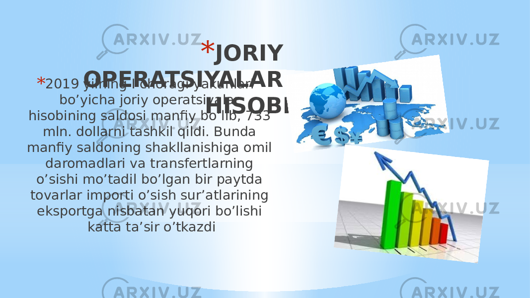 * JORIY OPERATSIYALAR HISOBI* 2019 yilning I choragi yakunlari bo’yicha joriy operatsiyalar hisobining saldosi manfiy bo’lib, 733 mln. dollarni tashkil qildi. Bunda manfiy saldoning shakllanishiga omil daromadlari va transfertlarning o’sishi mo’tadil bo’lgan bir paytda tovarlar importi o’sish sur’atlarining eksportga nisbatan yuqori bo’lishi katta ta’sir o’tkazdi 