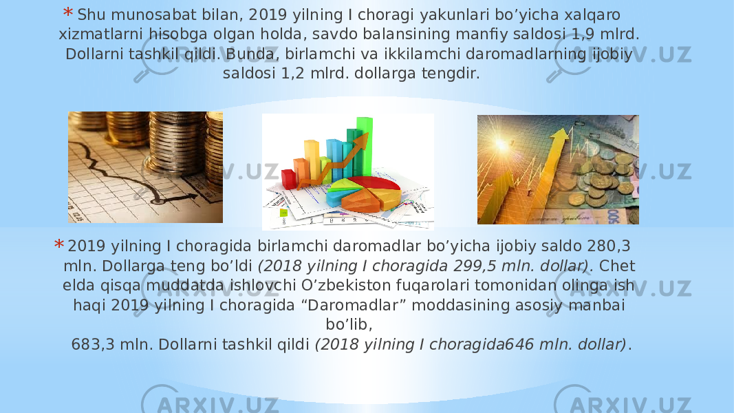 * Shu munosabat bilan, 2019 yilning I choragi yakunlari bo’yicha xalqaro xizmatlarni hisobga olgan holda, savdo balansining manfiy saldosi 1,9 mlrd. Dollarni tashkil qildi. Bunda, birlamchi va ikkilamchi daromadlarning ijobiy saldosi 1,2 mlrd. dollarga tengdir. * 2019 yilning I choragida birlamchi daromadlar bo’yicha ijobiy saldo 280,3 mln. Dollarga teng bo’ldi (2018 yilning I choragida 299,5 mln. dollar). Chet elda qisqa muddatda ishlovchi O’zbekiston fuqarolari tomonidan olinga ish haqi 2019 yilning I choragida “Daromadlar” moddasining asosiy manbai bo’lib, 683,3 mln. Dollarni tashkil qildi (2018 yilning I choragida646 mln. dollar) . 