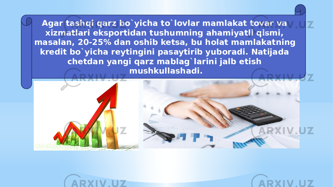 Agar tashqi qarz bo`yicha to`lovlar mamlakat tovar va xizmatlari eksportidan tushumning ahamiyatli qismi, masalan, 20-25% dan oshib ketsa, bu holat mamlakatning kredit bo`yicha reytingini pasaytirib yuboradi. Natijada chetdan yangi qarz mablag`larini jalb etish mushkullashadi. 