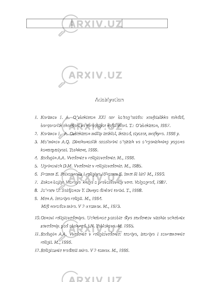 Adabiyotlar: 1. Karimov I. A. O’zbekiston XXI asr bo’sag’asida: xavfsizlikka tahdid, barqarorlik shartlari va taraqqiyot kafolatlari. T. : O’zbekiston, 1997. 2. Karimov I . A. Ozbekiston milliy istiklol, iktisod, siyosat, mafkyra. 1996 y. 3. Mo’minov A.Q. Dinshunoslik asoslarini o’qitish va o’rganishning yagona kontseptsiyasi. Toshkent, 1999. 4. Radugin A.A. Vvedenie v religiovedenie. M., 1996. 5. Ugrinovich D.M. Vvedenie v religiovedenie. M., 1985. 6. Fromm E. Psixoanaliz i religiya.//Fromm E. Imet ili bit? M., 1990. 7. Zakon bojiy: Vtoraya kniga o pravoslavnoy vere. Volgograd, 1987. 8. Jo’raev U. Saidjonov Y. Dunyo dinlari tarixi. T., 1998. 9. Men A. Istoriya religii. M., 1994. Mifi narodov mira. V 2-x tomax. M., 1973. 10. Osnovi religiovedeniya. Uchebnoe posobie dlya studentov visshix uchebnix zavedeniy. pod obsh.red. I.N. Yablokova. M. 1995. 11. Radugin A.A. Vvedenie v religiovedenie: teoriya, istoriya i sovremennie religii. M., 1996. 12. Religioznie traditsii mira. V 2-tomax. M., 1996. 