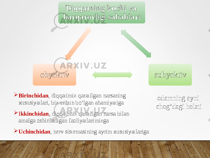 Diqqatning kuchi va barqarorligi sabablari subyektivobyektiv  Birinchidan , diqqatimiz qaratilgan narsaning xususiyatlari, biz uchun bo’lgan ahamiyatiga  I kkinchidan , diqqatimiz qaratilgan narsa bilan amalga oshiriladigan faoliyatlarimizga  Uchinchidan , nerv sistemasining ayrim xususiyatlariga odamning ayni chog’dagi holati 