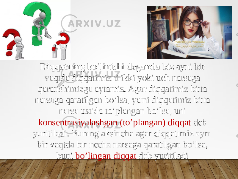 Diqqatning bo’linishi deganda biz ayni bir vaqtda diqqatimizni ikki yoki uch narsaga qaratishimizga aytamiz. Agar diqqatimiz bitta narsaga qaratilgan bo’lsa, ya&#39;ni diqqatimiz bitta narsa ustida to’plangan bo’lsa, uni konsentrasiyalashgan (to’plangan) diqqat deb yuritiladi. Buning aksincha agar diqqatimiz ayni bir vaqtda bir necha narsaga qaratilgan bo’lsa, buni bo’lingan diqqat deb yuritiladi. 