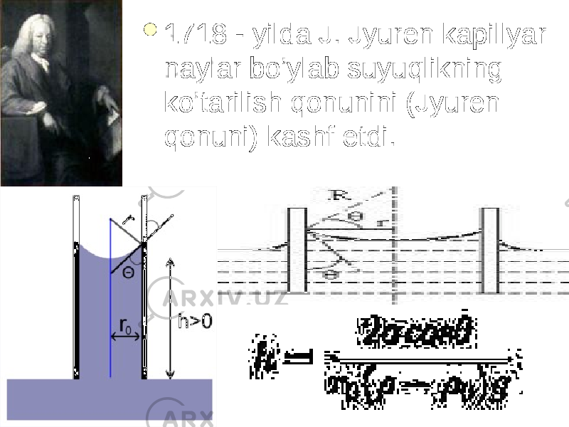  1718 - yilda J. Jyuren kapillyar naylar bo’ylab suyuqlikning ko’tarilish qonunini (Jyuren qonuni) kashf etdi. 