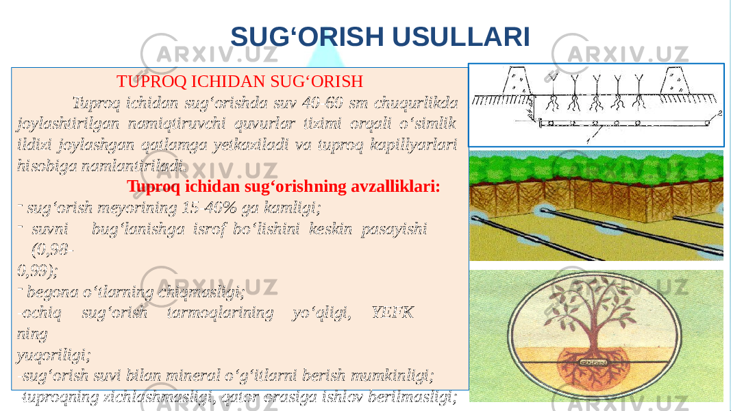 TUPROQ ICHIDAN SUG‘ORISH Tuproq ichidan sug‘orishda suv 40-60 sm chuqurlikda joylashtirilgan namiqtiruvchi quvurlar tizimi orqali o‘simlik ildizi joylashgan qatlamga yetkaziladi va tuproq kapillyarlari hisobiga namlantiriladi. Tuproq ichidan sug‘orishning avzalliklari: - sug‘orish meyorining 15-40% ga kamligi; - suvni bug ‘ la n ishga is r of bo‘ l ish i ni k e s k i n pa s ay i shi ( 0,98 - 0,99); - begona o‘tlarning chiqmasligi; -och i q su g ‘orish ta r moqlarining yo‘ql i g i , Y E FK n ing yuqoriligi; -sug‘orish suvi bilan mineral o‘g‘itlarni berish mumkinligi; -tuproqning zichlashmasligi, qator orasiga ishlov berilmasligi; - hosildorlikning 20-40% gacha oshishi va b.SUG‘ORISH USULLARI 