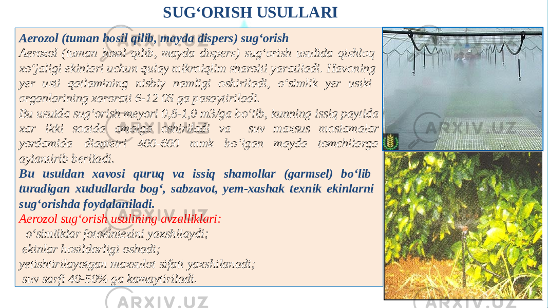 Aerozol (tuman hosil qilib, mayda dispers) sug‘orish Aerozol (tuman hosil qilib, mayda dispers) sug‘orish usulida qishloq xo‘jaligi ekinlari uchun qulay mikroiqlim sharoiti yaratiladi. Havoning yer usti qatlamining nisbiy namligi oshiriladi, o‘simlik yer ustki organlarining xarorati 6-12 0S ga pasaytiriladi. Bu usulda sug‘orish meyori 0,8-1,0 m3/ga bo‘lib, kunning issiq paytida xar ik k i soatda amalga oshirila d i v a suv yordamida diametri 400-600 mmk bo‘lgan maxsus mayda moslamalar tomchilarga aylantirib beriladi. Bu usuldan xavosi quruq va issiq shamollar (garmsel) bo‘lib turadigan xududlarda bog‘, sabzavot, yem-xashak texnik ekinlarni sug‘orishda foydalaniladi. Aerozol sug‘orish usulining avzalliklari: o‘simliklar fotosintezini yaxshilaydi; ekinlar hosildorligi oshadi; yetishtirilayotgan maxsulot sifati yaxshilanadi; suv sarfi 40-50% ga kamaytiriladi. SUG‘ORISH USULLARI 