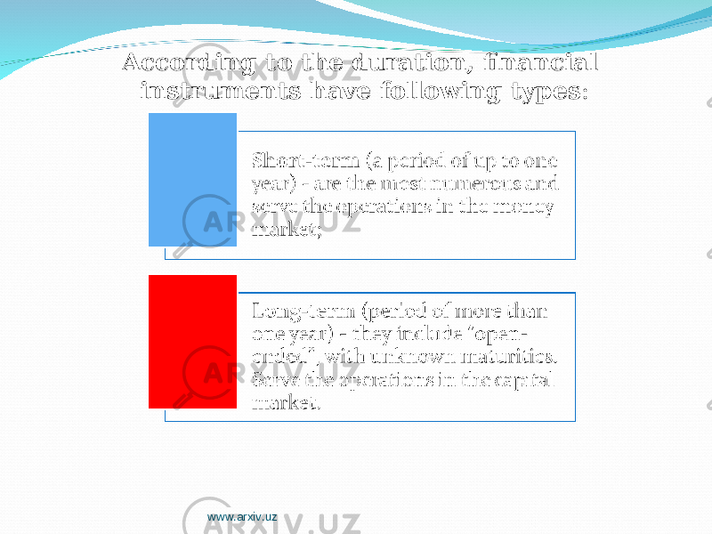 According to the duration, financial instruments have following types : www.arxiv.uz 